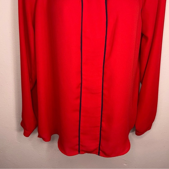 Petite Small Banana Republic Red Long Sleeve Blouse Dark Navy Blue Trim - Picture 4 of 13